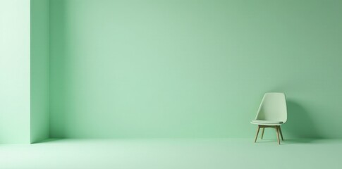 A solitary light green chair in a minimalist room with pale green walls and a subtle shadow