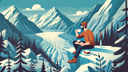 Fototapeta premium A man enjoying a cup of coffee and a plate of bread by the side of a glacier, with views of snowy mountains and dense forests 