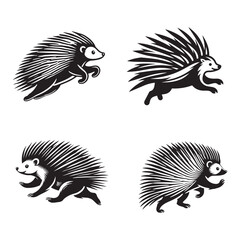 High-Quality Four Set of Monochrome Vector Silhouettes of the Running Porcupine