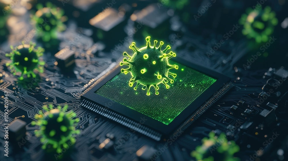 Poster a microscopic view of a computer chip with glowing green lines representing a spreading virus, highl