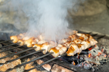 A skewer of meat is being cooked on a grill, with smoke rising from the grill. Concept of warmth and comfort, as the food is being prepared for a meal