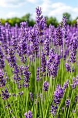 Obraz premium Lavender flower field in bloom with vibrant purple flowers under a bright sky capturing the beauty of nature in full detail