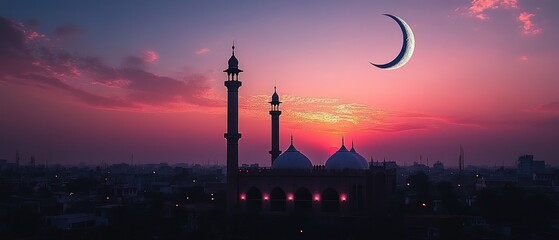 Silhouette of a mosque at sunset with a crescent moon in the sky. (1)