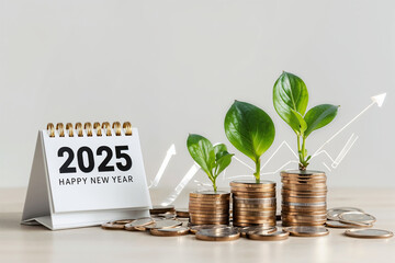 2025 desk calendar Plants growing up on stack of coins The concept of business growth Financial investment Market stock Profit return Dividend and Business fund in year 2025.