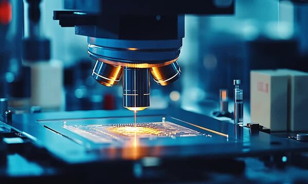 Close-up view of a microscope analyzing a microchip in a high-tech laboratory, showcasing intricate details and glowing elements