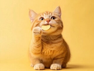  cat bites a coin, solid color background, the camera is a long shot, you can see the whole body of the cat