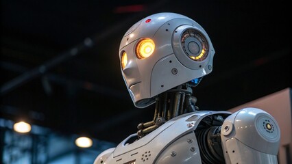 Fototapeta premium A robot with glowing eyes focused on the task at hand. Robot in profile with brightly glowing eyes symbolizing active thinking and analysis. The background is dark to emphasize the details of the robo