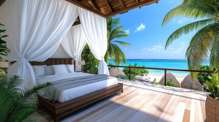 Fototapeta premium Serene Bedroom with Ocean View and Tropical Vibes in Paradise