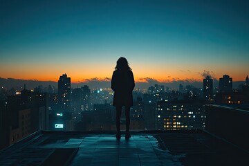 Fototapeta premium Silhouette stands on rooftop, gazing at vibrant sunset over city