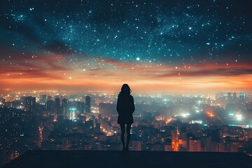 Silhouette gazing at starry sky above vibrant cityscape at night