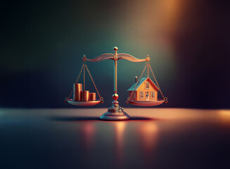A scale balances a miniature house against a stack of coins, symbolizing the weighing of housing costs against financial resources.  The image uses warm and cool lighting to emphasize the decision-mak
