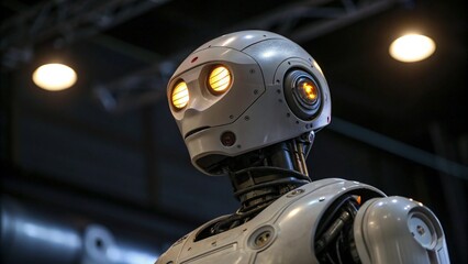 Fototapeta premium A robot with glowing eyes focused on the task at hand. Robot in profile with brightly glowing eyes symbolizing active thinking and analysis. The background is dark to emphasize the details of the robo