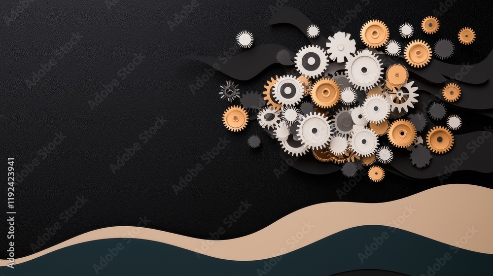 Poster an abstract brain with gears and cogs integrated into its structure, representing the mechanics of t