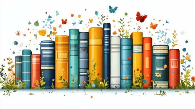 Colorful Bookshelf with Blooming Flowers and Butterflies in a Whimsical Garden Setting, Capturing the Essence of Nature and Literature in Harmony