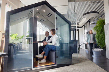 Colleagues sitting in cabin and attending meeting at office