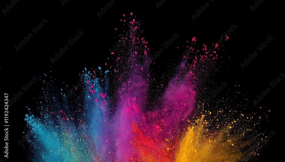 Poster vibrant explosion of multicolored powder in motion on a black background banner, perfect for creativ