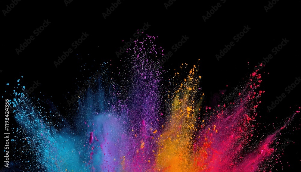 Poster vibrant explosion of multicolored powder in motion on a black background banner, perfect for creativ