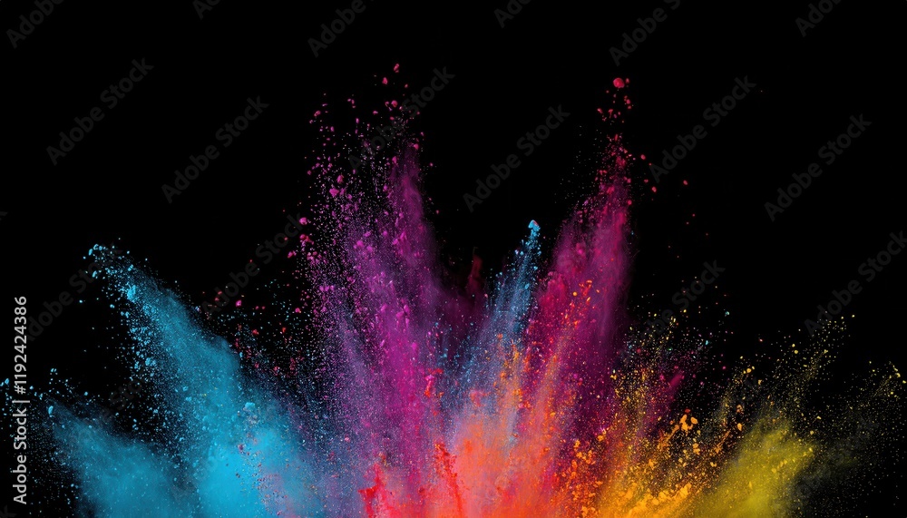 Poster vibrant explosion of multicolored powder in motion on a black background banner, perfect for creativ