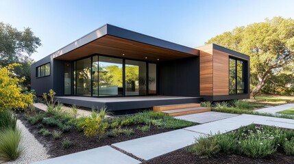 Modern Minimalist Home Design Surrounded by Lush Greenery and Pathways