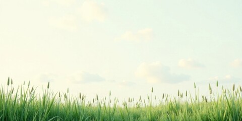 Fototapeta premium Serene Meadow Landscape Featuring Vibrant Green Grass and a Soft, Cloudy Sky