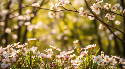 Fototapeta premium Beautiful spring blossoms in soft sunlight, creating a serene garden atmosphere