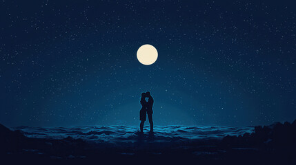 Fototapeta premium silhouette of couple embracing on moonlit beach, surrounded by stars, creates romantic and serene atmosphere. night sky enhances intimate moment shared between them