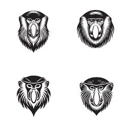 Monochrome Vector Silhouettes of the Proboscis Monkey Face