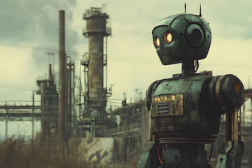 Rusty Robot in a Post-Apocalyptic Industrial Landscape