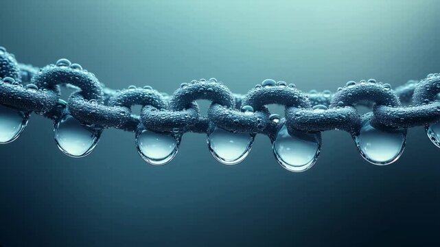 Glowing water droplets align perfectly in a seamless chain, symbolizing how small elements connect to create unity, harmony, and simplicity in a surreal setting