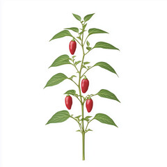 a chili pepper crop, plant element, bold red and green, digital illustration, isolated on white background