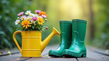 Yellow watering can with colorful flowers and green rubber boots on a wooden pathway in a garden. Gardening and spring concept