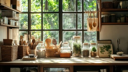 Fototapeta premium Sunlit kitchen with jars and natural decor
