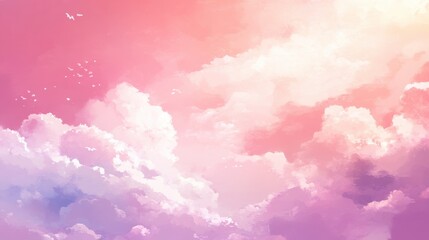 Ethereal Pink and Purple Cloudscape Painting with Bird Silhouettes.