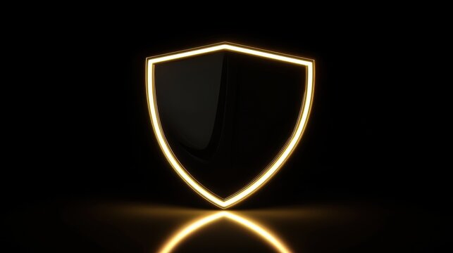 Illuminated golden shield symbolizing protection and strength against a dark background