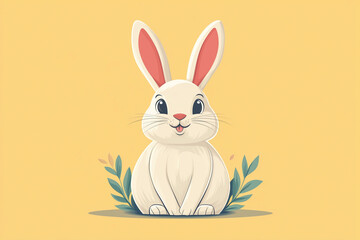 Fototapeta premium A happy white Easter bunny sitting on a yellow background with green leaves