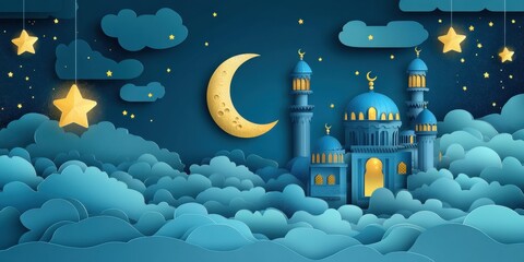 Serene Nightscape: Mosque Amidst Starlit Clouds and Crescent Moon