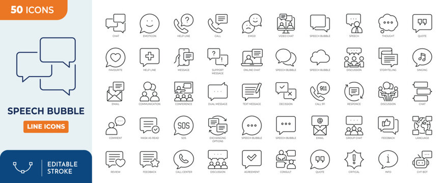 Speech bubble icon set. containing Speech bubbles, talk, chat, message, balloon, communication, and more. Vector illustration. Editable stroke	