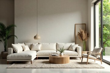 Serene Living Room Interior Design with Neutral Color Palette and Natural Light
