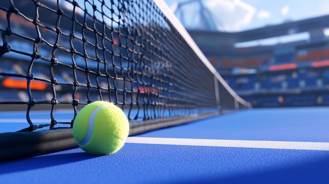 A close-up of a tennis ball near the net on a blue court in a stadium.