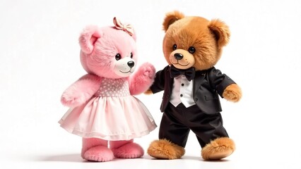 Two cute teddy bears, a brown boy in a tuxedo and a pink girl in a wedding dress, dance on a white background with a place for text. The toys smile and look at the camera. celebration. valentine day
