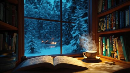 Fototapeta premium Cozy study setup with books and a hot drink near a snowy window