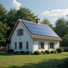 Modern minimalist style house with solar panels, Eco-friendly house 