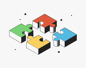 Puzzle Pieces Together and Apart. Vector stock illustration. Putting a puzzle isometric sign. Teamwork symbol, work process stock illustration