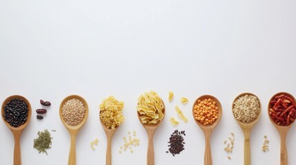 Colorful arrangement of various pasta, grains, and legumes on wooden spoons against a white background