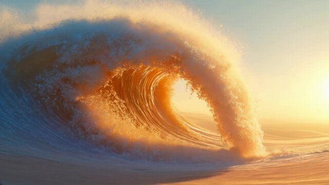 Monumental sand wave suspended in mid-air, glowing in golden sunlight. A metaphorical capture of movement halted at its peak in a surreal desert setting