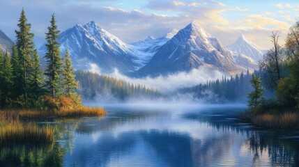 Fototapeta premium Majestic Mountain Peaks Reflected in Tranquil Lake at Sunrise, Foggy Forest Scene.