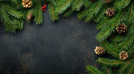 Elegant Dark Christmas Background with Pine Branches, Pine Cones, and Red Berries.