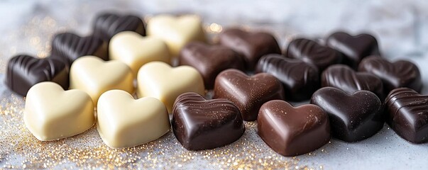 Valentine chocolates concept. Assorted heart-shaped chocolates in dark and white, perfect for gifts or celebrations.