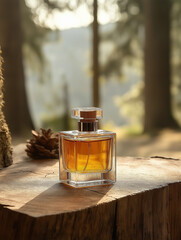 product photography Woodsy fragrance bottle with simple design, rustic aesthetic, earthy tones