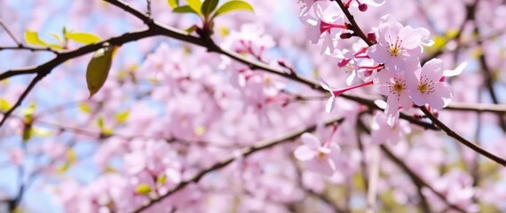 Pink cherry blossoms against a bright blue sky with soft bokeh